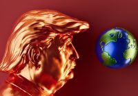 A golden trump looks at planet earth.